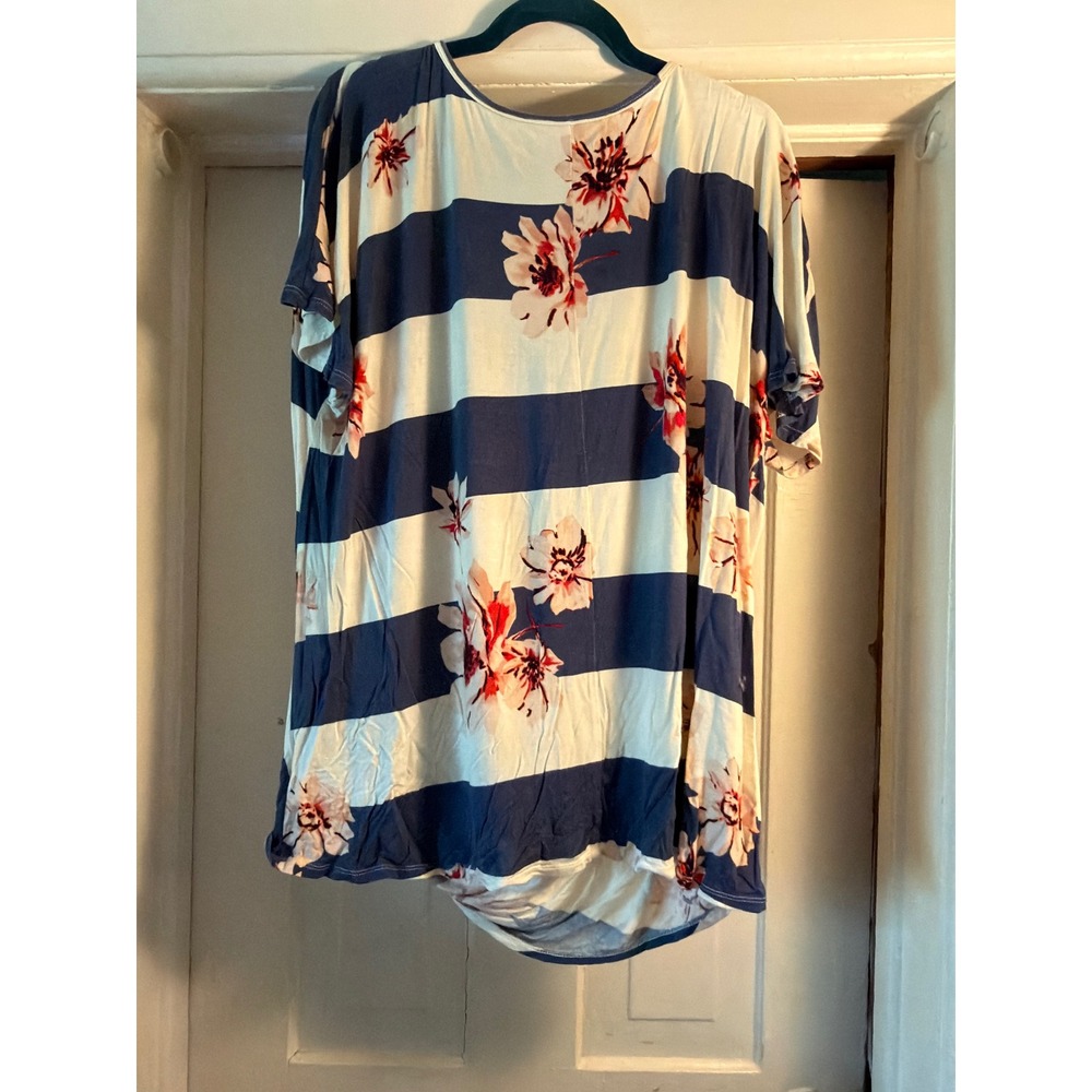 Womens Navy White Striped Floral Short Sleeve Knot Front Top Scoop Neck Large - Picture 2 of 5
